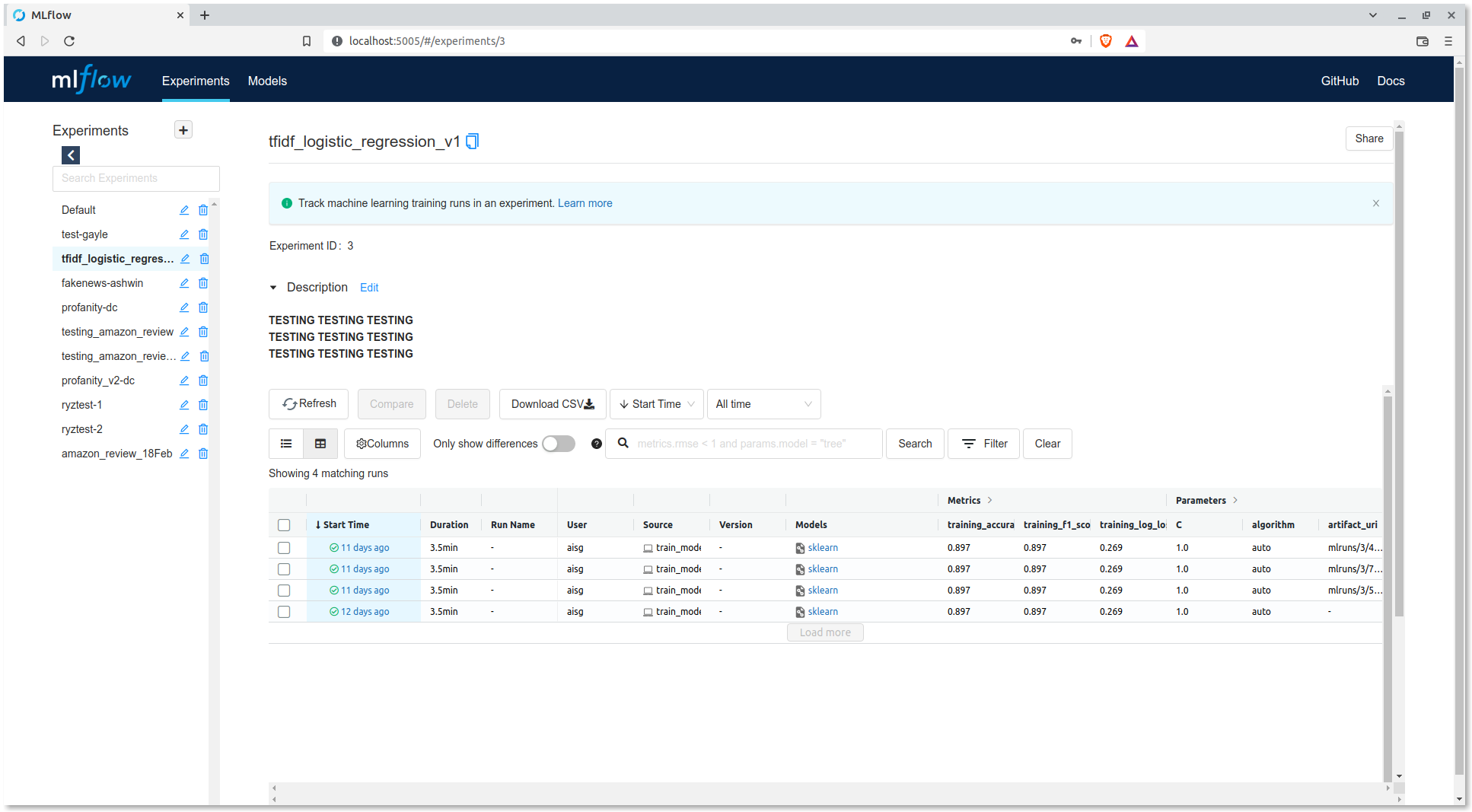 MLflow - Dashboard Experiments View