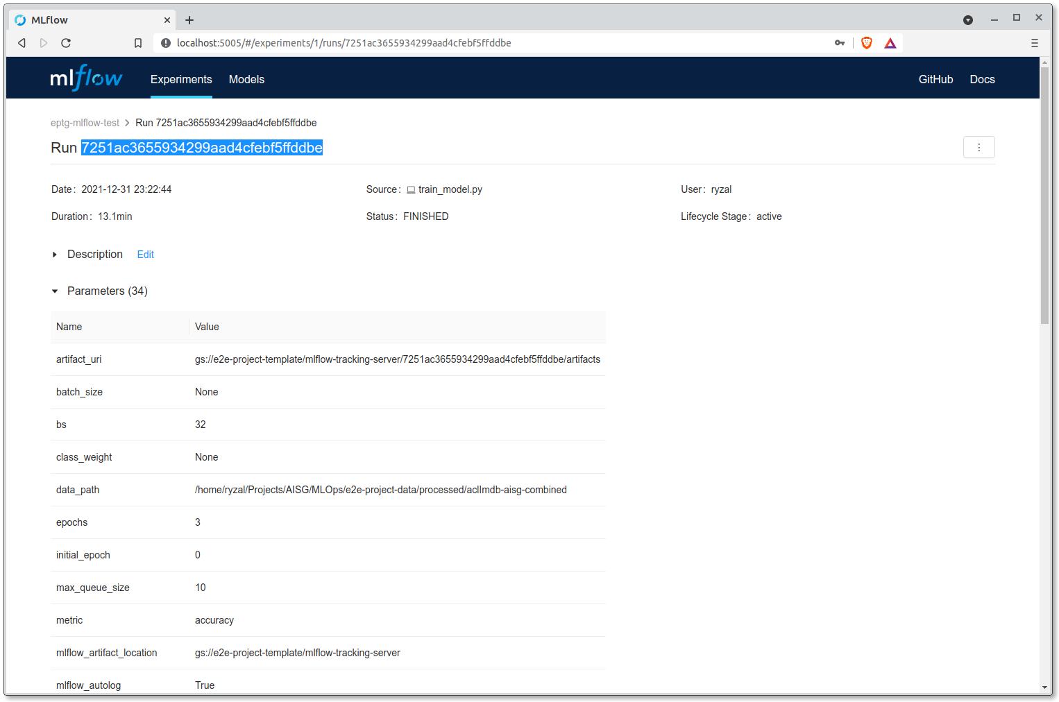 MLflow - Dashboard Run View