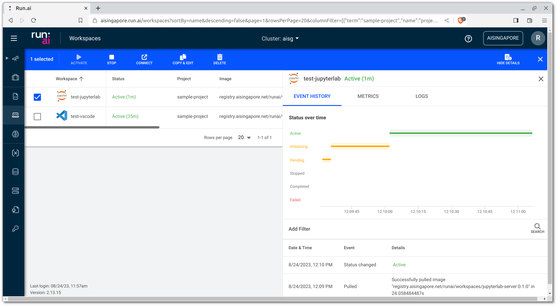 Run:ai Dashboard - Workspaces Page Post JupyterLab