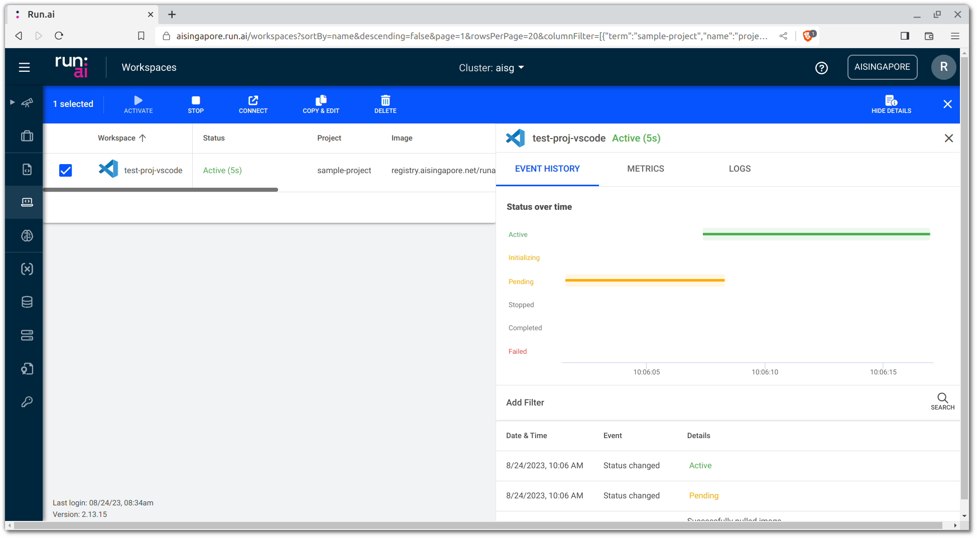 Run:ai Dashboard - Workspaces Page Post VSCode